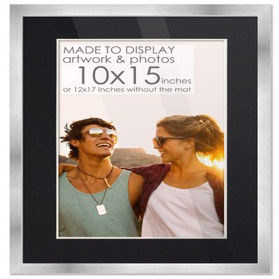 10x15 Frame Silver Wood with Black Mat | 12x17 Frame Matted to 10x15 | Display Your Photo Under UV Acrylic Shatter Guard Front, with Foam Board Backing and Wall Hanging Hardware - Solid Wood Frame