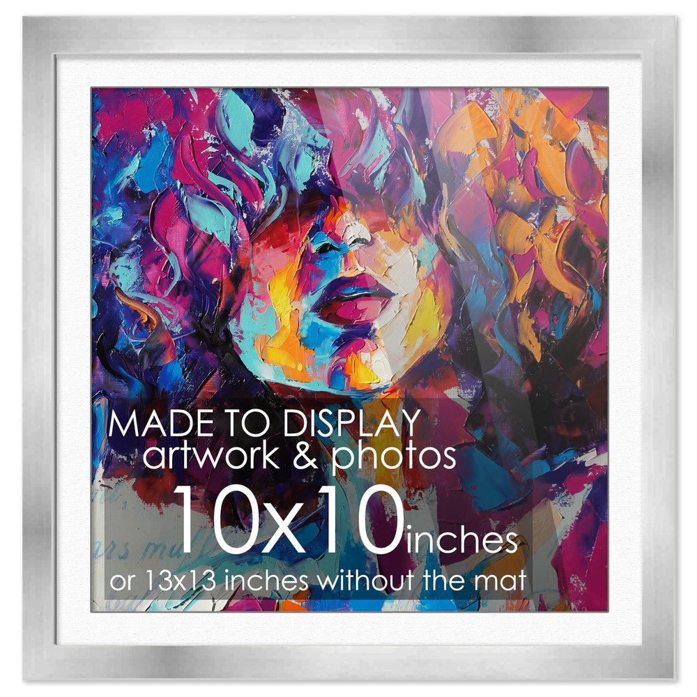 10x10 Frame Silver Wood With White Mat | 13x13 Frame Matted to 10x10 | Display Your Photo Under UV Acrylic Shatter Guard Front, with Foam Board Backing and Wall Hanging Hardware - Wall Frame Square