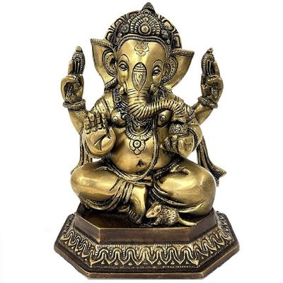 Brass Ganesha Statue Sculpture Idol Figurine 8" Antique Traditional Indian Home Dcor Accents