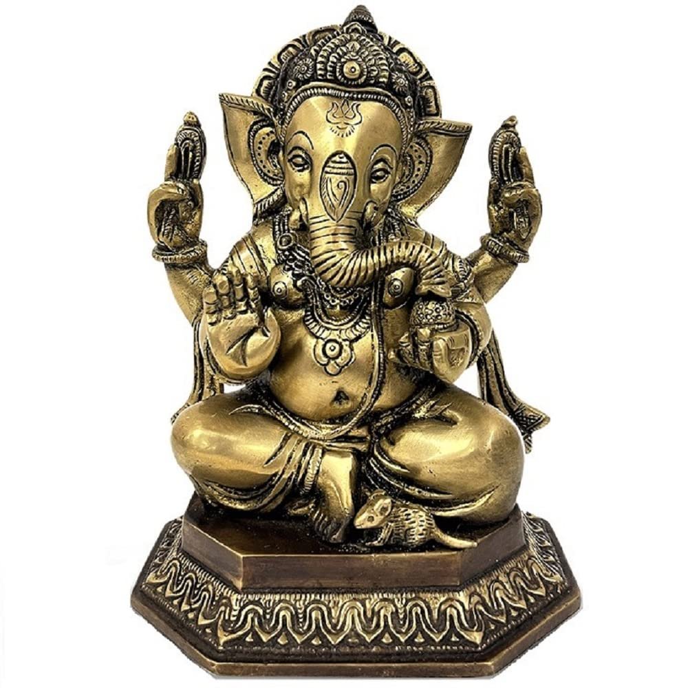 Brass Ganesha Statue Sculpture Idol Figurine 8" Antique Traditional Indian Home Dcor Accents