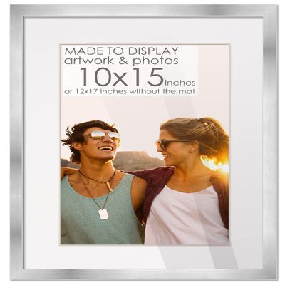 10x15 Frame Silver Wood with White Mat | 12x17 Frame Matted to 10x15 | Display Your Picture Under UV Acrylic Shatter Guard Front, with Foam Board Backing and Wall Hanging Hardware - Solid Pine Frame