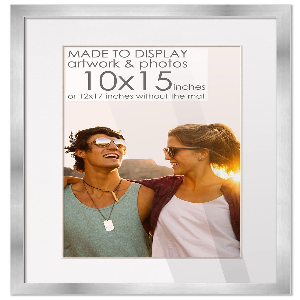 10x15 Frame Silver Wood with White Mat | 12x17 Frame Matted to 10x15 | Display Your Picture Under UV Acrylic Shatter Guard Front, with Foam Board Backing and Wall Hanging Hardware - Solid Pine Frame