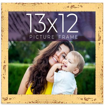 13x12 Frame Yellow Real Wood Picture Frame Width 1.25 Inches | Interior Depth 0.5 Inches | Finley Yellow Distressed Photo Frame Complete with UV Acrylic, Foam Board Backing & Hanging Hardware