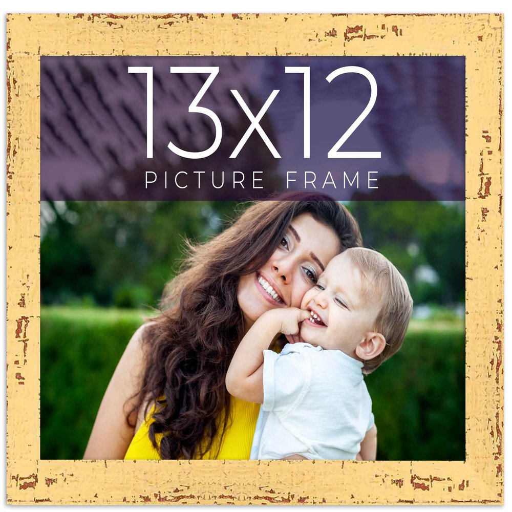 13x12 Frame Yellow Real Wood Picture Frame Width 1.25 Inches | Interior Depth 0.5 Inches | Finley Yellow Distressed Photo Frame Complete with UV Acrylic, Foam Board Backing & Hanging Hardware