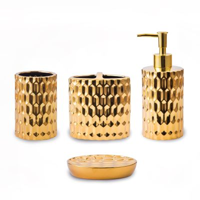 Bathroom Accessories Set Complete, Ceramic 4 Piece Bathroom Set Accessories Bath Accessories Set Complete Soap Dispenser Set with Toothbrush Holder, Soap Dispenser, Tumbler and Soap Dish,Golden