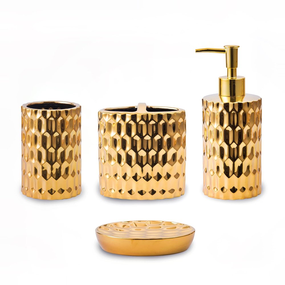 Bathroom Accessories Set Complete, Ceramic 4 Piece Bathroom Set Accessories Bath Accessories Set Complete Soap Dispenser Set with Toothbrush Holder, Soap Dispenser, Tumbler and Soap Dish,Golden