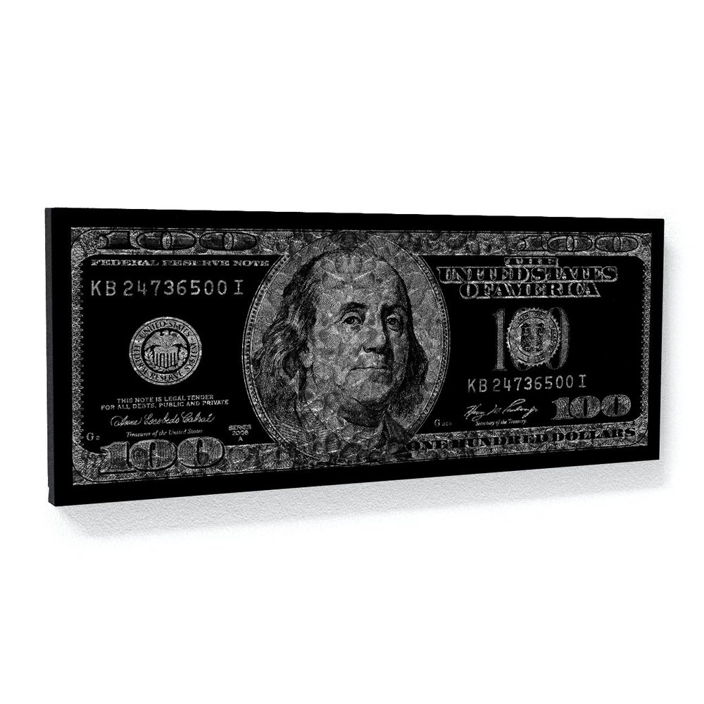 100 Bill Silver Canvas Art - Hundred Benjamin Franklin Money Cash Home Decor Print Poster Painting Small 20x8 inch / 0.75 inch | Sense Canvas Silver Frank