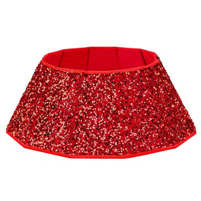 Blissun Christmas Tree Collar, Sequin Christmas Tree Skirt, Foldable Tree Ring, Xmas Tree Stand Base Cover for Christmas Tree Decoration, Round Red