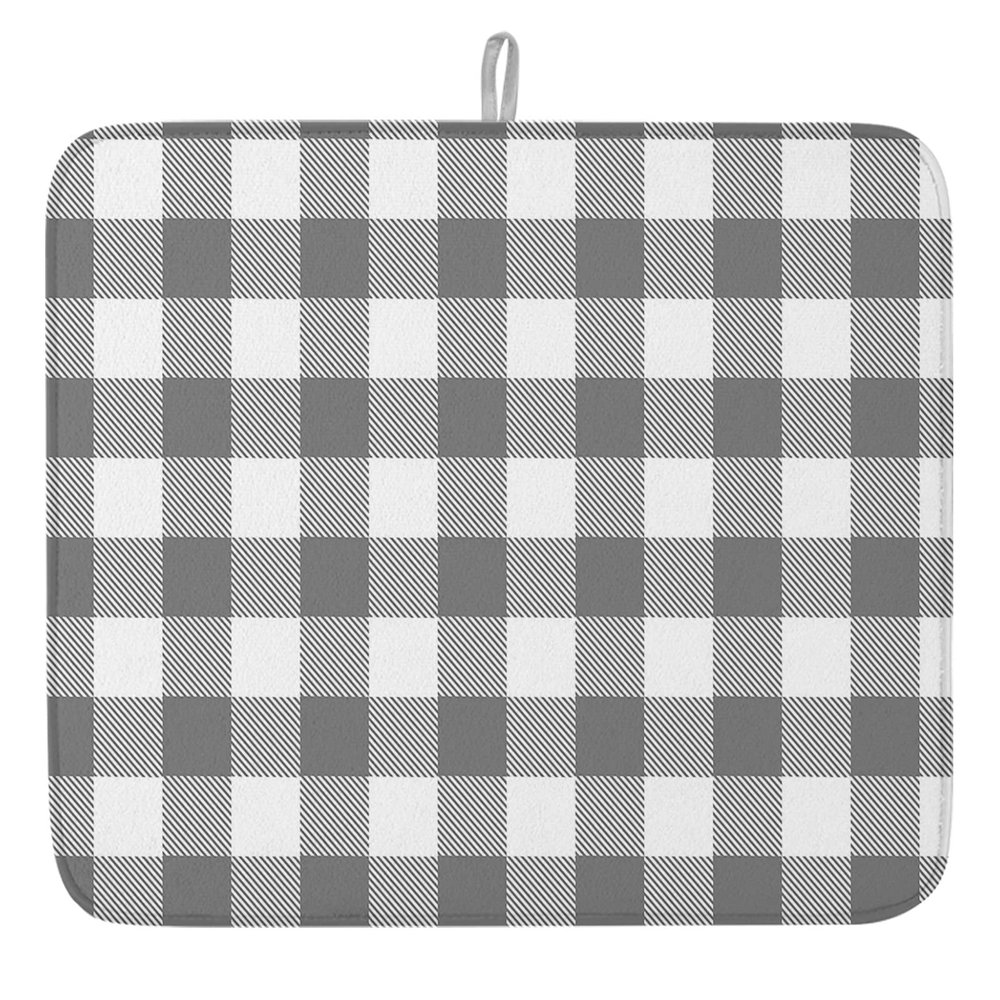 Gray Check Plaid Dish Drying Mats for Kitchen Counter, Geometric Grey White Microfiber Absorbent Dish Drainer/Rack Mat, Reversible Hangding Quick Drying kitchen Drying Mat, 18x24inch Machine Washable