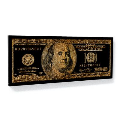 100 Bill Gold Canvas Art - Hundred Benjamin Franklin Money Cash Home Decor Print Poster Painting Small 20x8'' / 0.75'' | Sense, Gold Frank