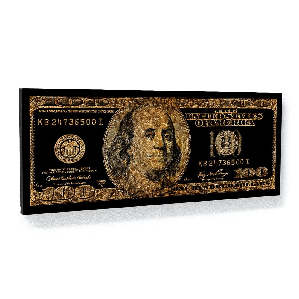 100 Bill Gold Canvas Art - Hundred Benjamin Franklin Money Cash Home Decor Print Poster Painting Small 20x8'' / 0.75'' | Sense, Gold Frank