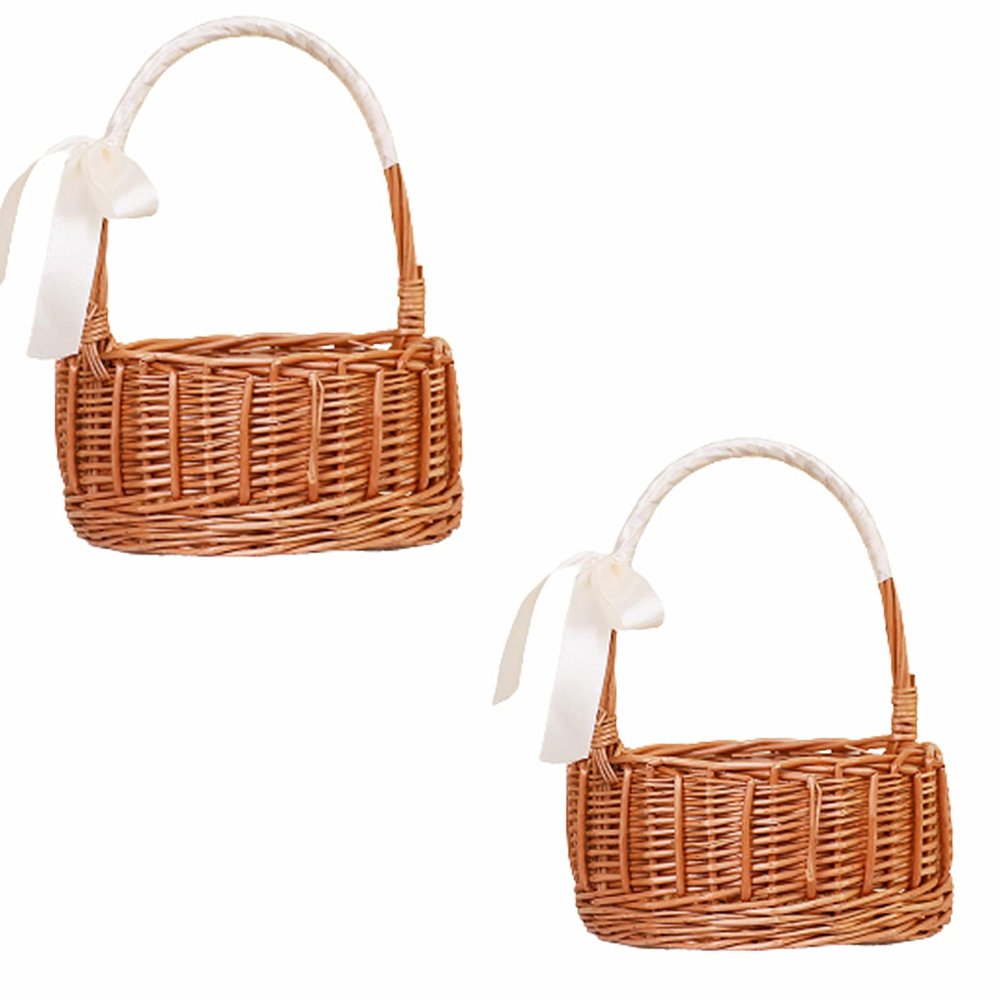 MEUMITY 2 PCS Wicker Woven Flower Basket, Country Wedding Basket with Handle Flower Girl Baskets with Ribbons and Bows for Wedding Home Party Photography DIY(White)