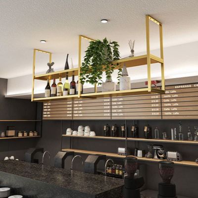 SOBS Hanging Ceiling Shelf, Nordic Black/Gold 2 Tier Wrought Iron Frame Restaurant Bar Wine Rack Ceiling Mounted Floating Shelves Storage Rack, Length 80/100/120cm (Color : Gold, Size : 100x30x80cm)