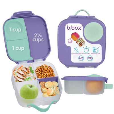 b.box Mini Lunch Box Kids | 4.25 Cup Leak Proof Bento Box for Kids Ages 3+ | 3 Compartment Snack Containers, School Lunch Container, Dishwasher Safe, BPA-Free, PFAS-Free - Lilac Pop