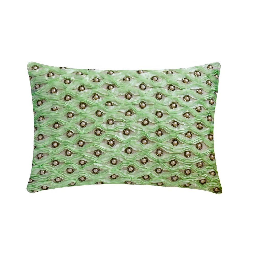The HomeCentric Decorative Green 12"x18" (30x45 cm) Lumbar Pillow Cover, Linen Ribbon & Pearl Embroidery Oblong Pillow, Abstract Pattern Modern Style - Mint Ripple