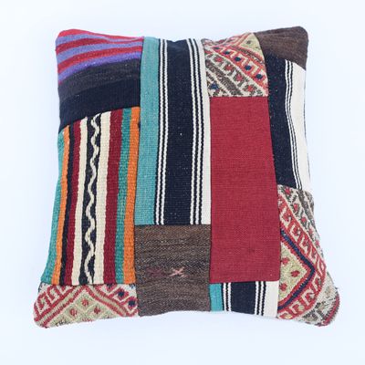 20''x20'' Boho Patchwork Cushion Cover, Tribal Pillowcase, Decorative Throw Pillow, Vintage Charm Cushion Cover,Organic Wool Pillowcase, Oriental Living Room Decor Cushion