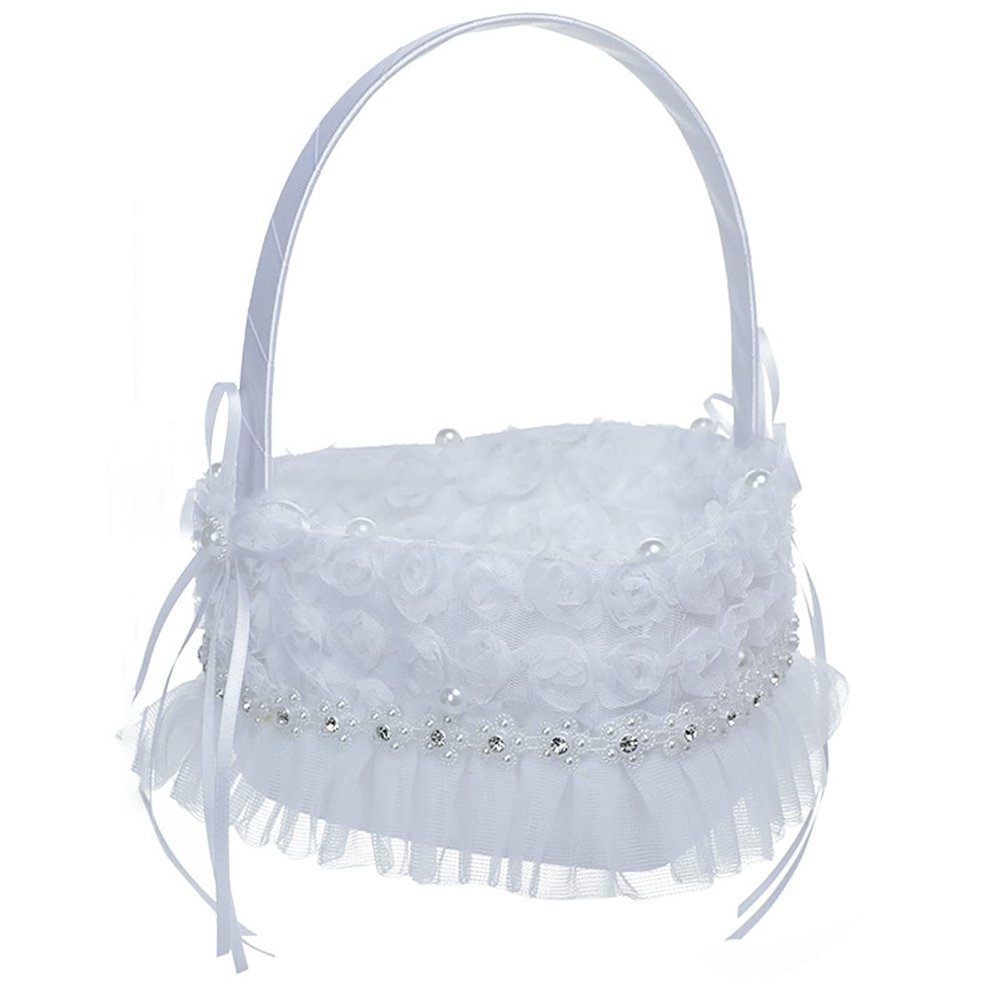 RNCOZE 2PCS Wedding Flower Girl Basket, White Flower Girl Basket with Lace Flowers and Bowknots, Petals Storage Basket Fairy Flower Collection for Flower Girls Wedding Party