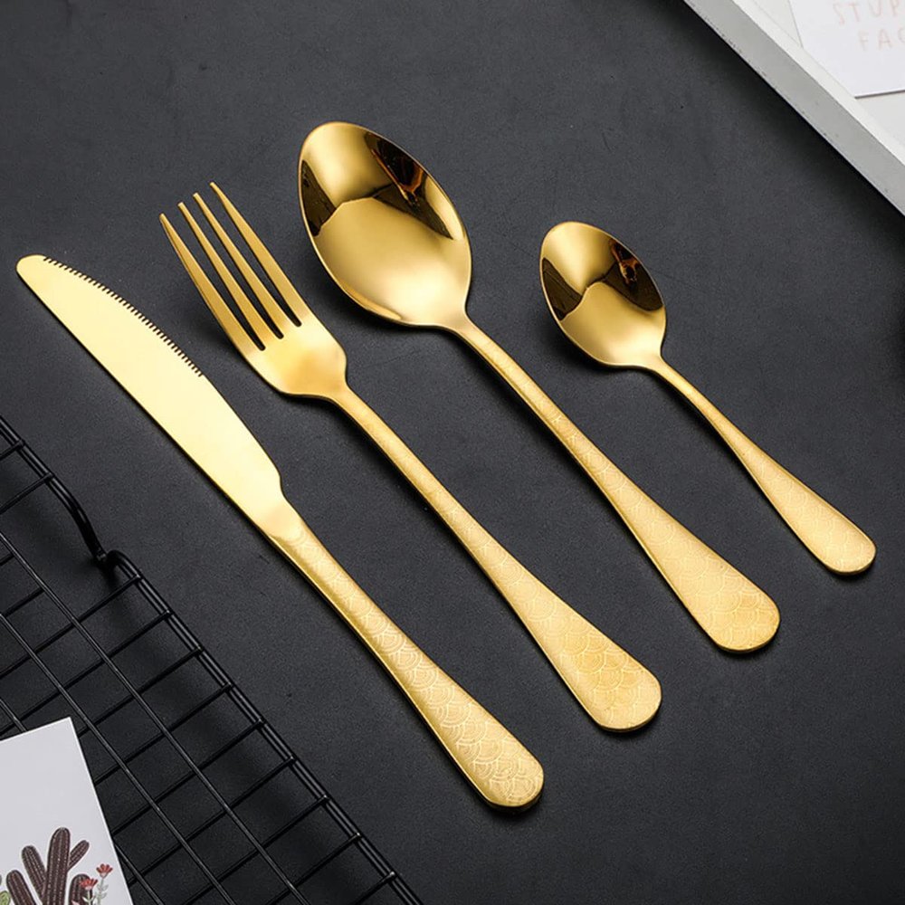 24 Piece Silverware Set for 6, Stainless Steel Silverware Set, Modern Hammered Flatware Set, Knife/Fork/Spoon & Long Teaspoon Mirror-Polished Dishwasher Safe Cutlery