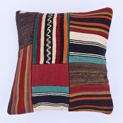 20''x20'' Boho Patchwork Cushion Cover, Tribal Pillowcase, Decorative Throw Pillow, Vintage Charm Cushion Cover,Organic Wool Pillowcase, Oriental Living Room Decor Cushion