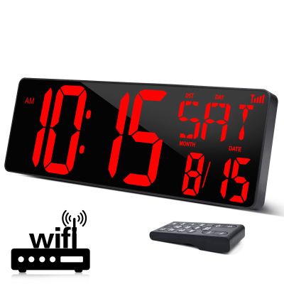 XREXS Large Digital Wall Clock WiFi Sync, 16.5 in Large Display Wall Clock with Temperature/Date/Week, LED Big Digital Timer Clock with Remote Control, Alarm Clock for Home and Office, Auto-dimming