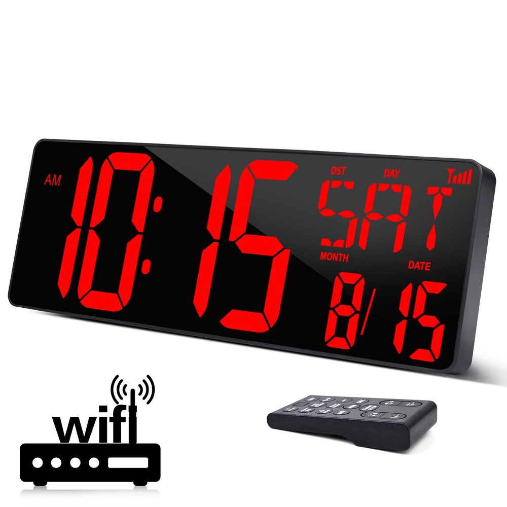 XREXS Large Digital Wall Clock WiFi Sync, 16.5 in Large Display Wall Clock with Temperature/Date/Week, LED Big Digital Timer Clock with Remote Control, Alarm Clock for Home and Office, Auto-dimming