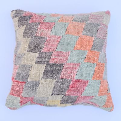20''x20'' Kilim Pillowcase, Decorative Throw Pillow with Zipper, Vintage Charm Cushion Cover, Organic Wool Pillowcase, Hippie Decor, Oriental Living Room Decor Cushion