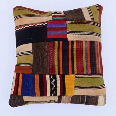 20''x20'' Boho Patchwork Cushion Cover, Tribal Pillowcase, Decorative Throw Pillow, Vintage Charm Cushion Cover,Organic Wool Pillowcase, Oriental Living Room Decor Cushion