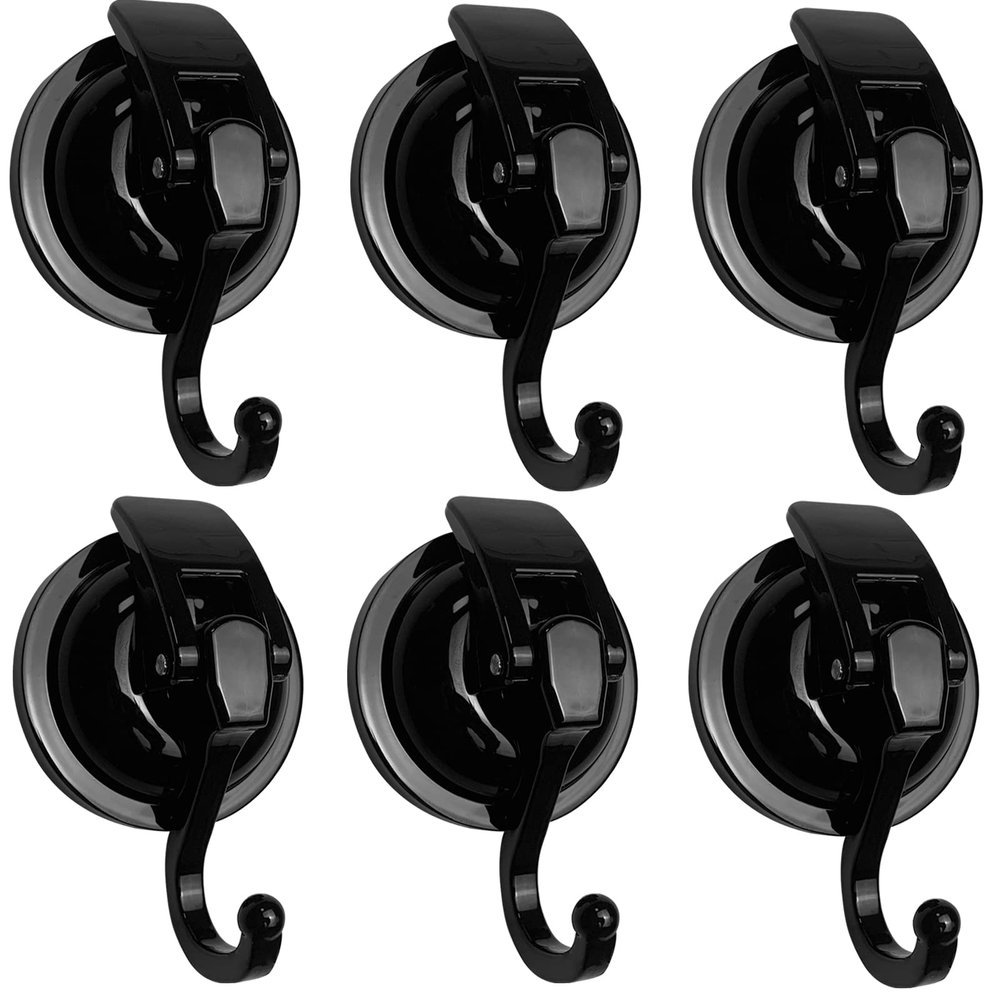 YSSILADI Heavy Duty Vacuum Suction Shower Hooks - Glass Suction Cup Bathroom Robe Hooks, Reusable, No Hole Punched, for Garland Decoration (Black, 6 Pack)