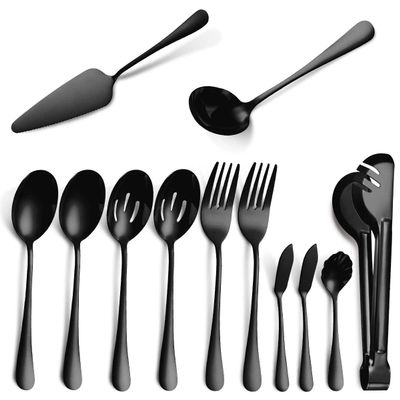 12 Pieces Black Serving Utensils, Stainless Steel Fine Vintage Serving Utensils with Serving Spoons Kitchen Mixing for Cake Server,Soup Ladle,Butter,Stirring,Tongs Ect Decorate Wedding