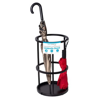 BIRDROCK HOME Circular Umbrella Holder with Removable Drip Tray - Stand for Umbrellas - Entryway - Decorative Metal Freestanding Rack Organizer - Cane Walking Stick Holder - Black