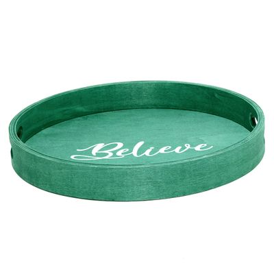Elegant Designs HG2013-GBL Christmas Decorative 13.75'' Round Wood Serving Tray w/Handles, Green Believe