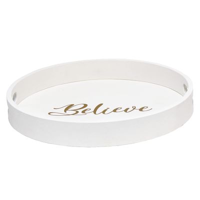 Elegant Designs HG2013-WBV Decorative 13.75" Round Wood Serving Tray w/Handles, White Wash Believe