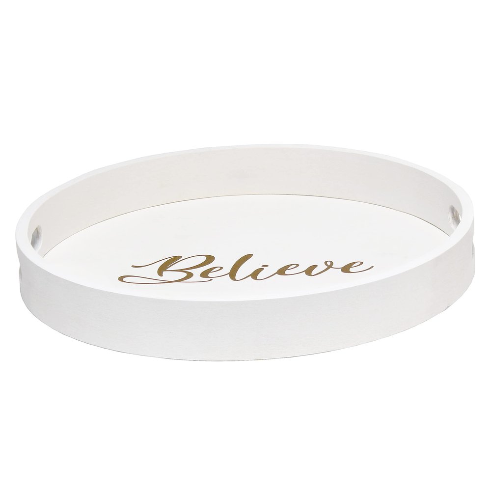 Elegant Designs HG2013-WBV Decorative 13.75" Round Wood Serving Tray w/Handles, White Wash Believe