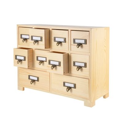 PACKGILO Apothecary Cabinet with 10 Drawers & Labels Rustic Library Card Catalog Cabinet Desktop Wooden Storage Box for Organize HerbalTea BagJewelry (Wood)