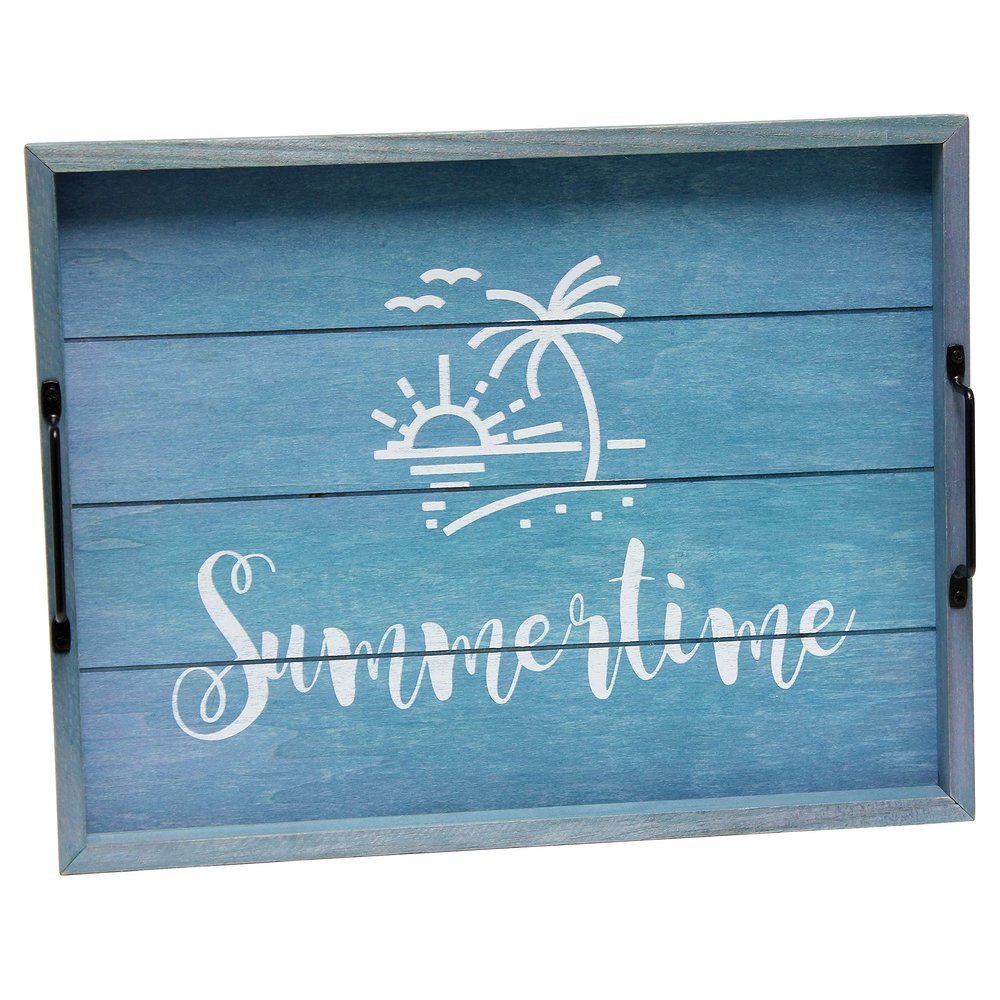 Elegant Designs HG2000-BST Summer Sun Palm Tree Beach Decorative Wood Serving Tray w/Handles, 15.50'' x 12'', Summertime, Blue