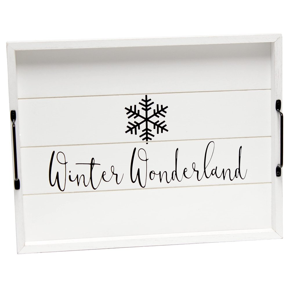 Elegant Designs HG2000-WWW Christmas Decoration Decorative Wood Serving Tray w/Handles, 15.50'' x 12'', Winter Wonderland, White
