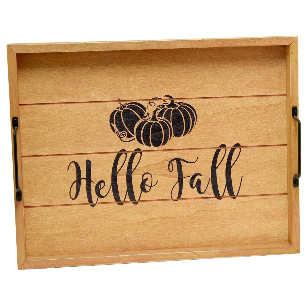 Elegant Designs HG2000-NHF Decorative Wood Serving Tray w/Handles, 15.50'' x 12'', Natural Hello Fall