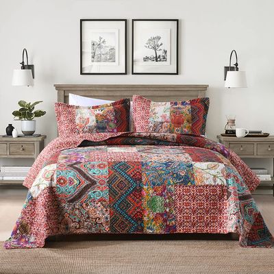 Autumn Dream Cotton Patchwork Bedspread Quilt Sets, Reversible Bedding Coverlet Sets, Red Gorgeous Vintage Pattern, King Size