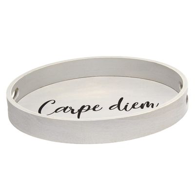 Elegant Designs HG2013-GYC Office Decorative 13.75'' Round Wood Serving Tray w/Handles, Carpe Diem, Gray Wash Carpe Diem