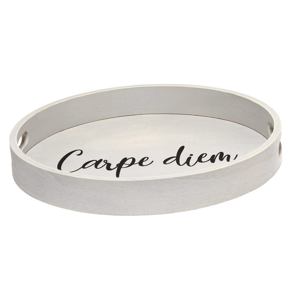 Elegant Designs HG2013-GYC Office Decorative 13.75'' Round Wood Serving Tray w/Handles, Carpe Diem, Gray Wash Carpe Diem