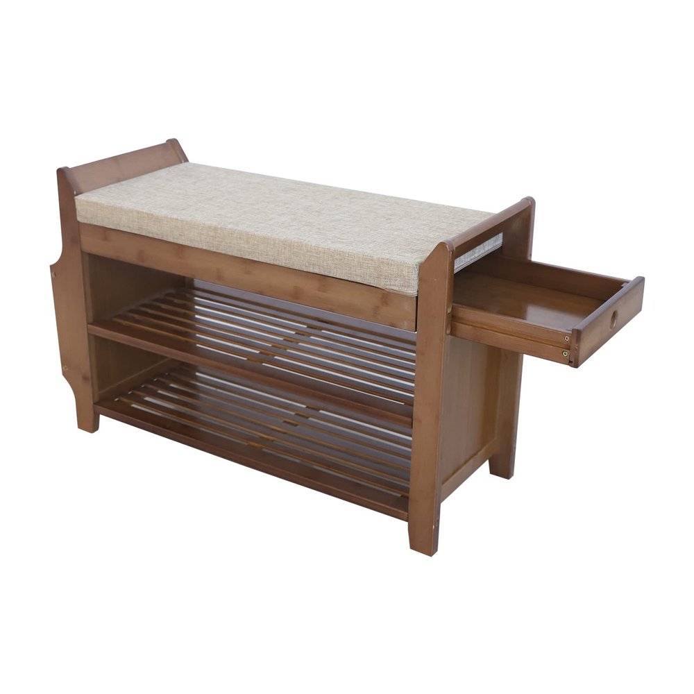 2 Tiers Bamboo Shoe Bench with Baskets Drawers, Shoe Entryway Bench Storage Entry Bench Foyer Bench Bamboo Shoe Rack Bench Storage Shelf for Entryway Bathroom Living Corridor, 30.9x19.49x11.61