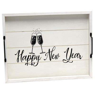 Elegant Designs HG2000-GNY Champagne Toast Decorative Wood Serving Tray w/Handles, 15.50" x 12", Light Gray Happy New Year