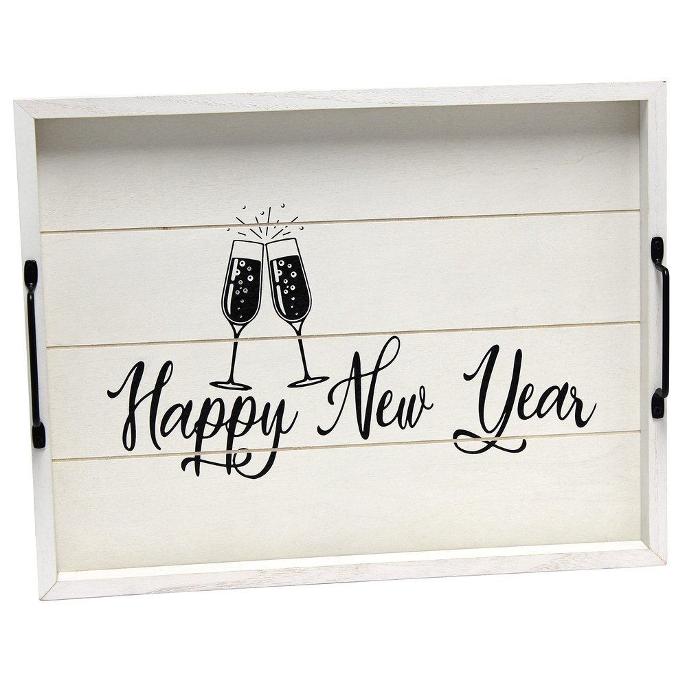 Elegant Designs HG2000-GNY Champagne Toast Decorative Wood Serving Tray w/Handles, 15.50" x 12", Light Gray Happy New Year