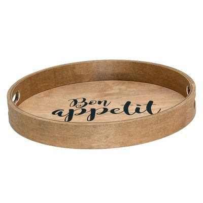 Elegant Designs HG2013-NBA Chef Kitchen Decorative 13.75" Round Wood Serving Tray w/Handles, Natural Wood Bon Appetit