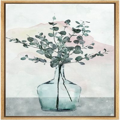 wall26 Framed Canvas Print Wall Art Pastel Watercolor Forest Leaf Plant Glass Vase Nature Wilderness Illustrations Modern Art Farmhouse/Country for Living Room, Bedroom, Office - 16"x24" Natural