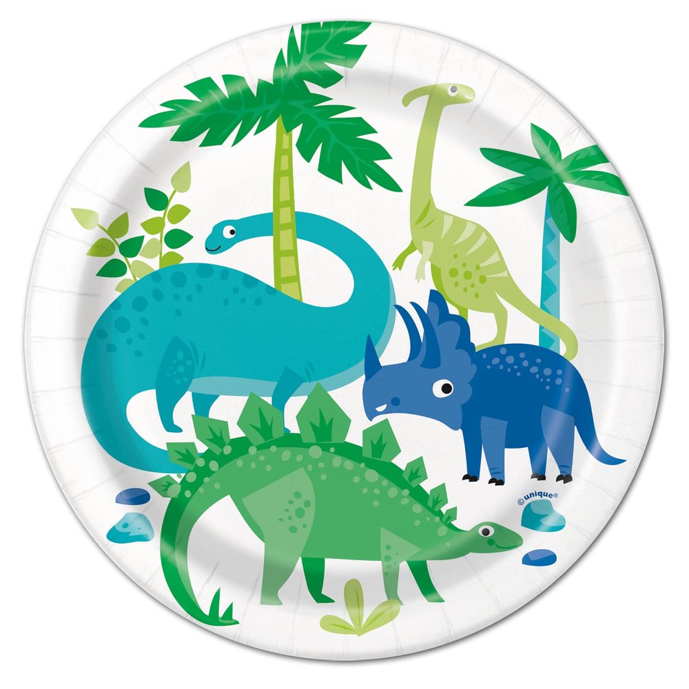 Heavy Duty Blue & Green Dinosaur Dessert Plates, 7 Inch, 24 Count
