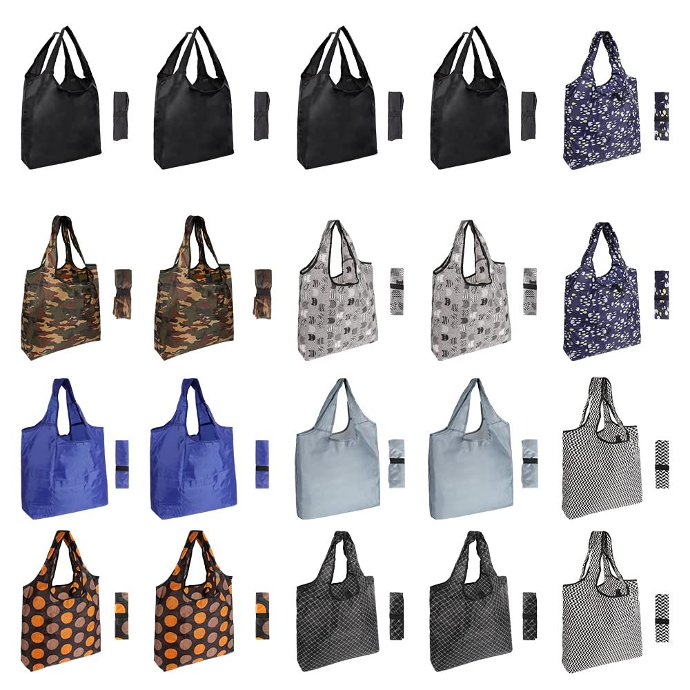 Aricsen 20 Pack 15x4.5x15 Inch Mixed Color Reusable Grocery Bags with Handles Bulk, Shopping Foldable Kitchen Bags Large Capacity Machine Washable Nylon Tote Bags, Polyester Fabric