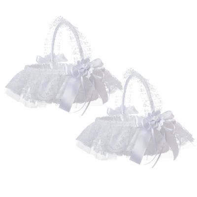 MEUMITY 2 PCS Wedding Flower Girl Flower Basket,Western Rustic Lace Bowknot Wedding Basket Elegant Romantic Flower Basket Decoration for Wedding Celebration Photography(White)