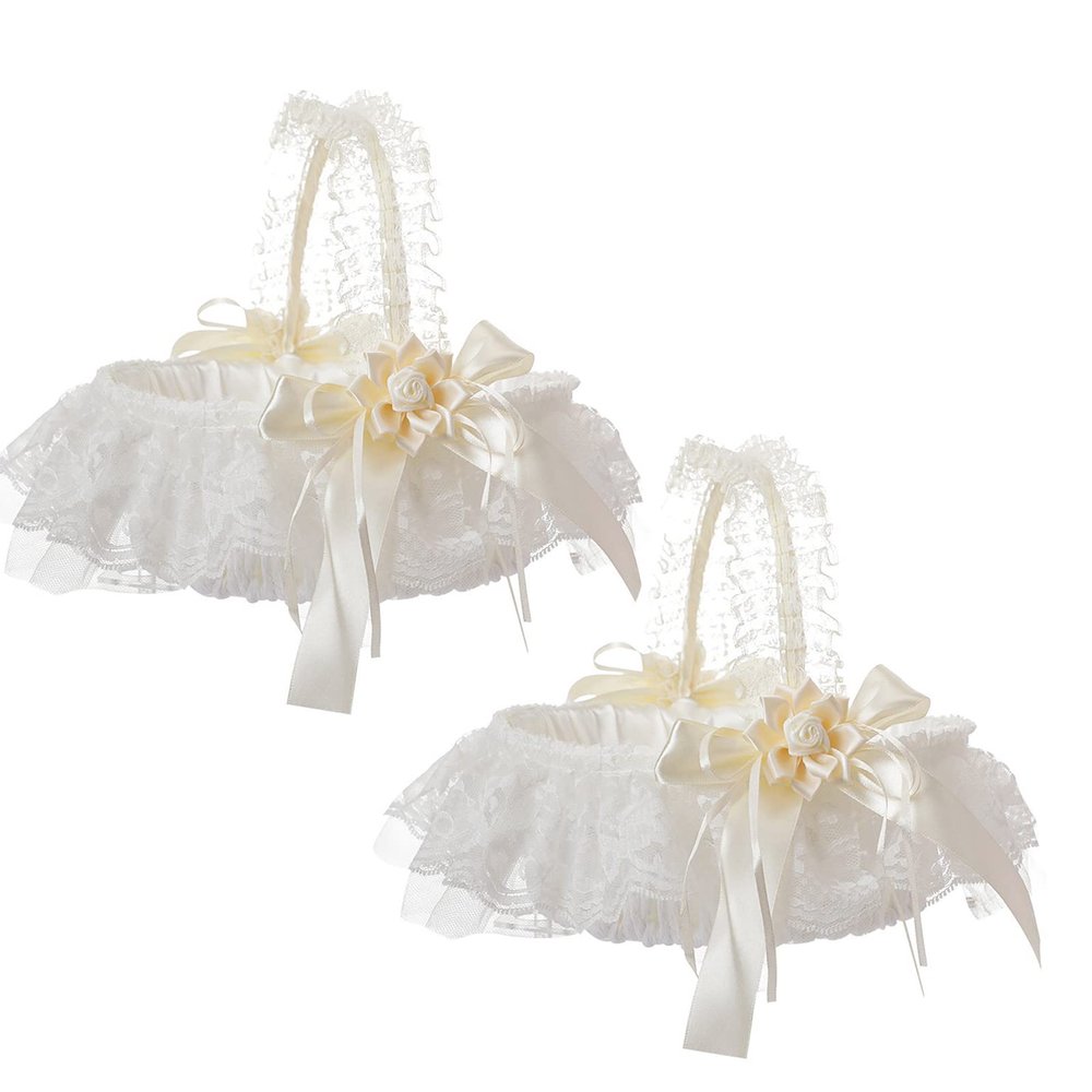 BEIJIALY Set of 2 Flower Girl Baskets for Wedding, Lace Flower Girl Baskets with Ribbon Bows,Flexible Handles, Lace Skirt Fairy Collection Petal Storage Baskets