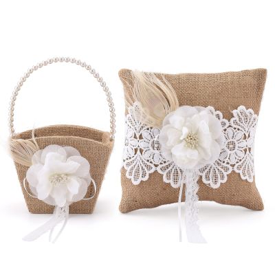 Marooma Wedding Flower Girl Basket Ring Pillow Set,Vintage Burlap Ring Bearer Pillow Flower Basket Pillow,Wedding Anniversary Celebrations Party Decoration